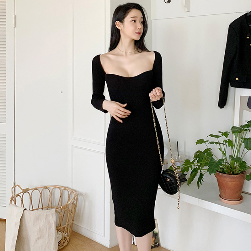 Knitted square collar dress sexy bottoming T-back for women