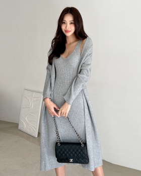 Temperament lazy dress knitted long coat 2pcs set