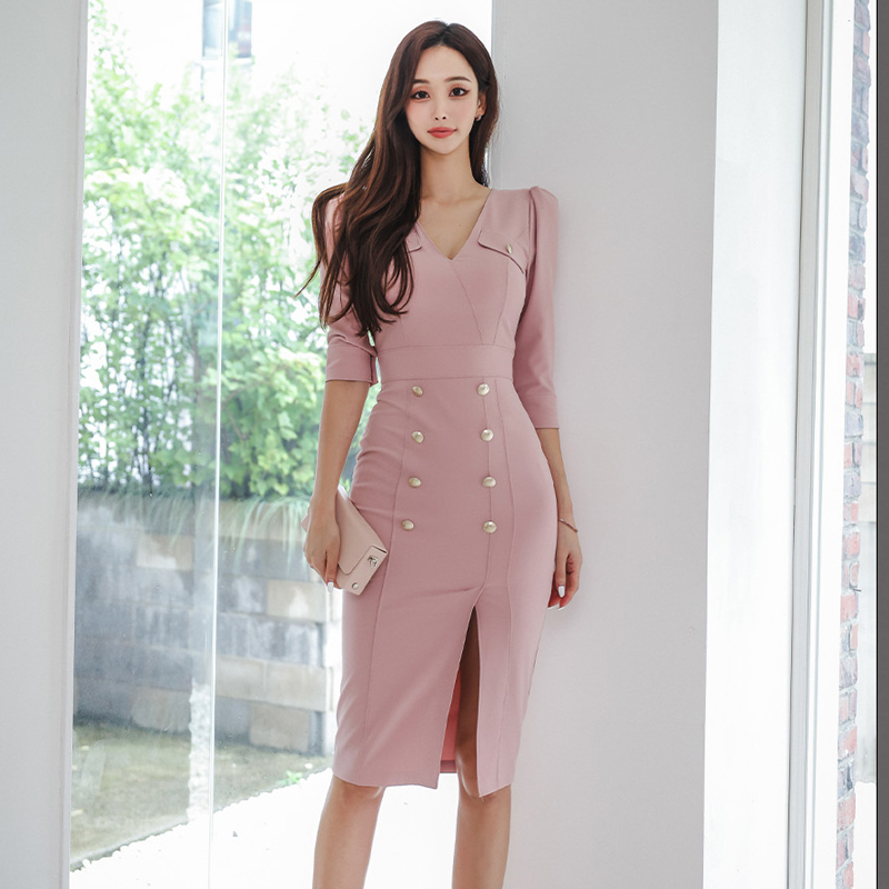 High waist Korean style autumn temperament split dress