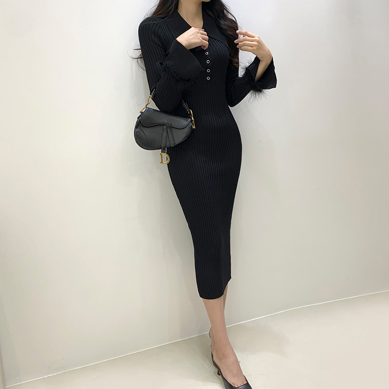Knitted Korean style dress slim long dress for women