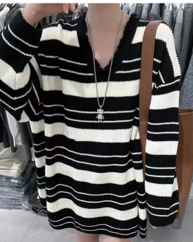 Stripe Korean style long sleeve slim lazy knitted tops