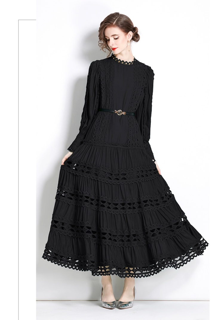 Elegant round neck lace dress long lantern sleeve formal dress