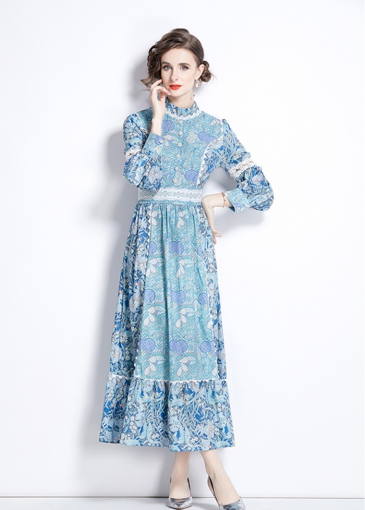 Printing big skirt autumn long lace hollow dress