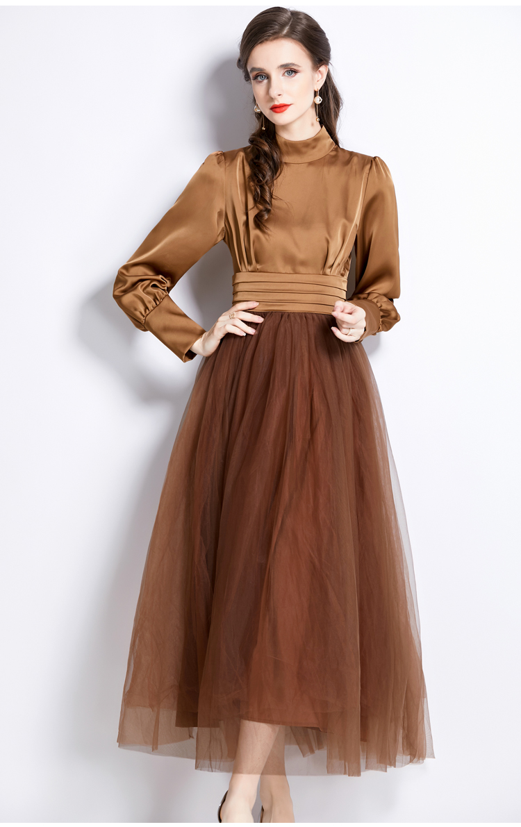 Fold pinched waist thick and disorderly cstand collar dress