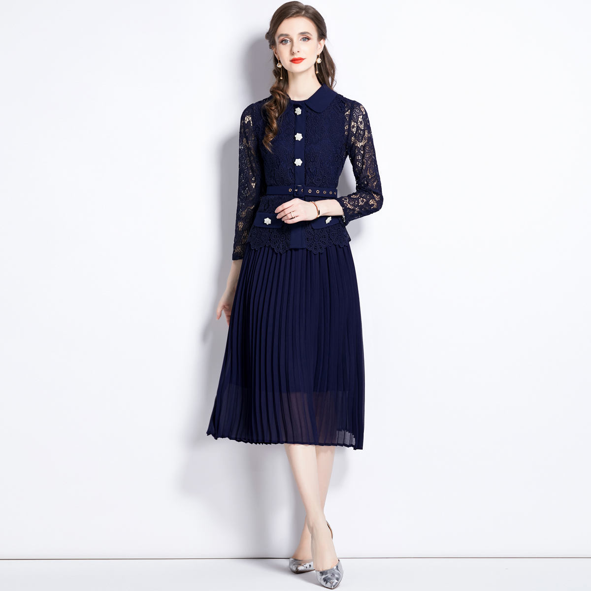 Lace hollow colors long pleated dress for women