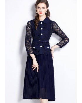 Lace hollow colors long pleated dress for women