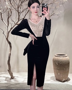 Velvet slim dress long sleeve formal dress for women