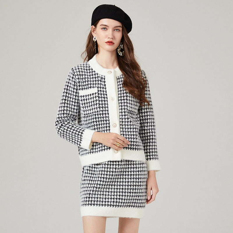 Fashion ladies skirt houndstooth chanelstyle coat 2pcs set