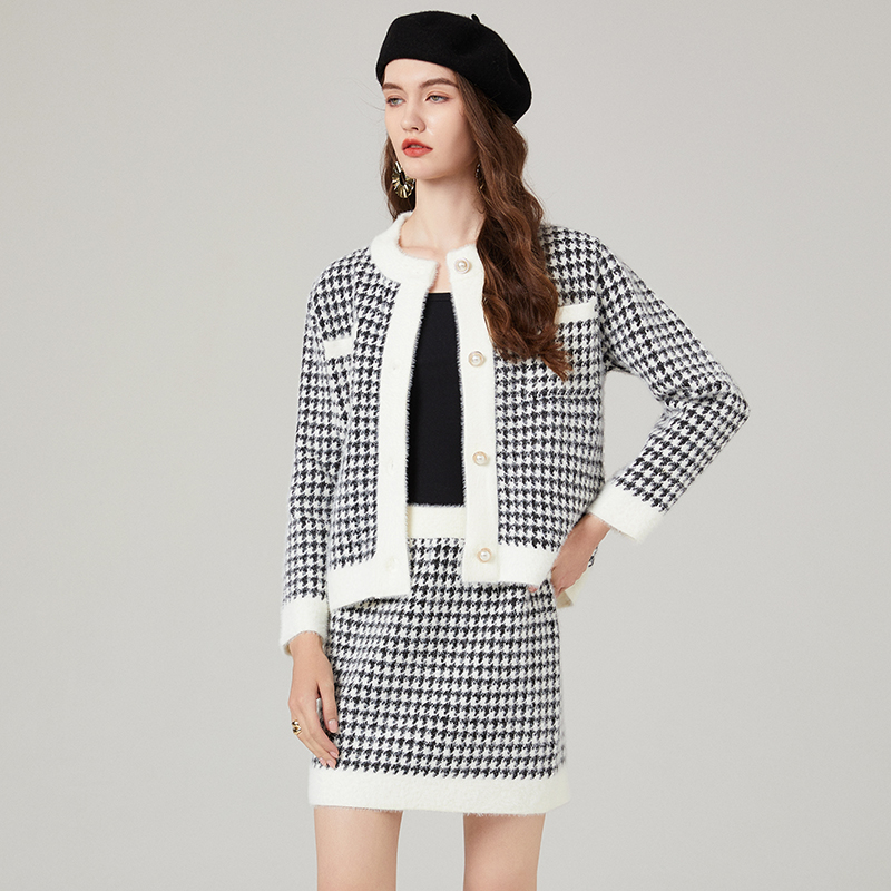 Fashion ladies skirt houndstooth chanelstyle coat 2pcs set