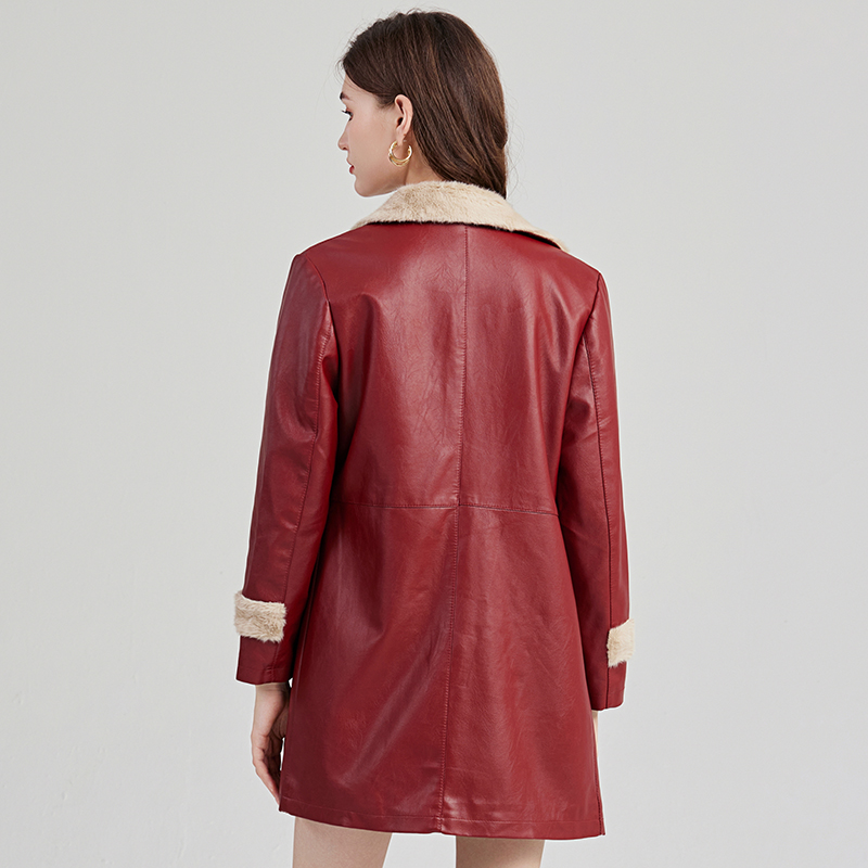 Temperament PU splice leather coat all-match lapel coat