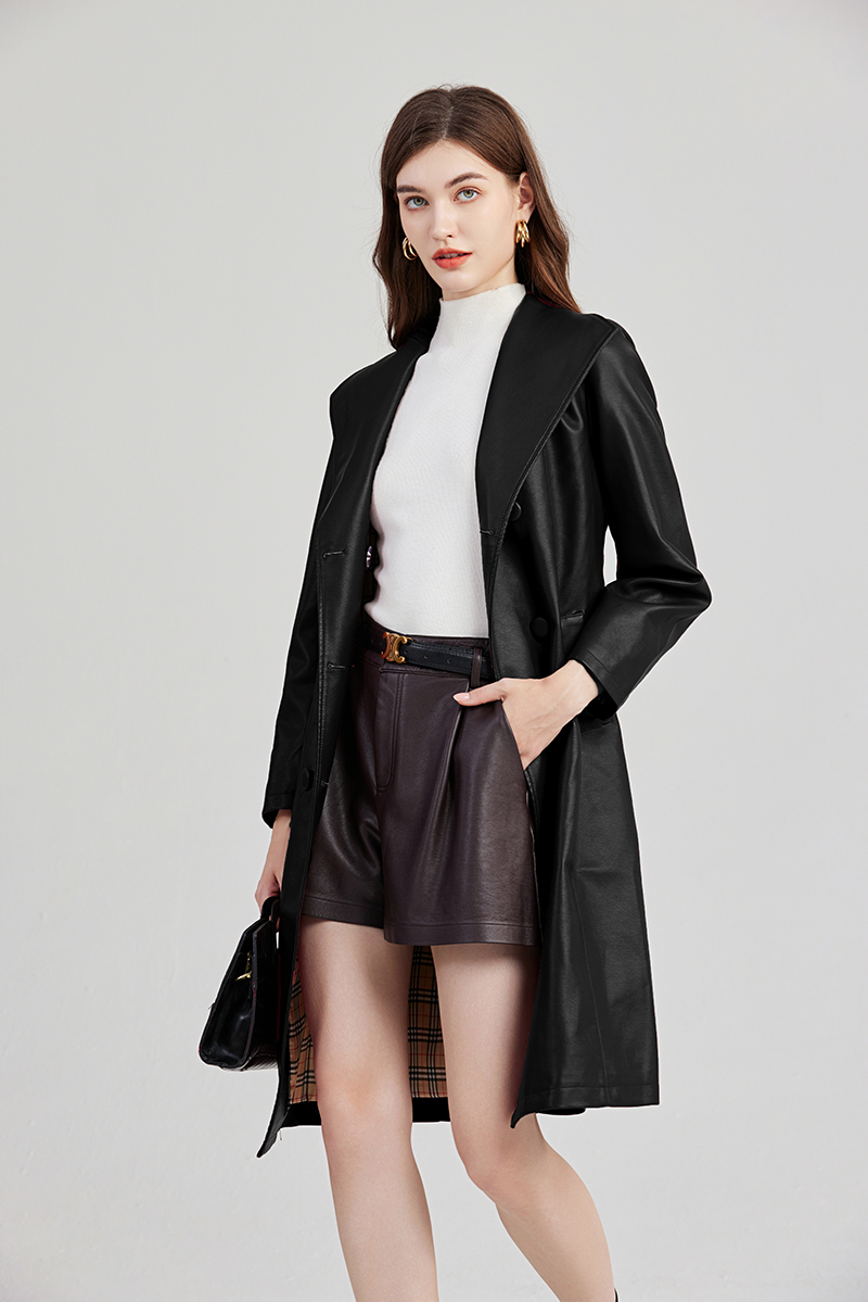 Large lapel leather coat long coat