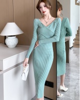 Retro high waist long dress knitted V-neck dress for women