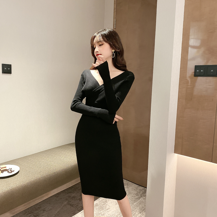 Long sleeve bottoming dress pinched waist knitted long dress