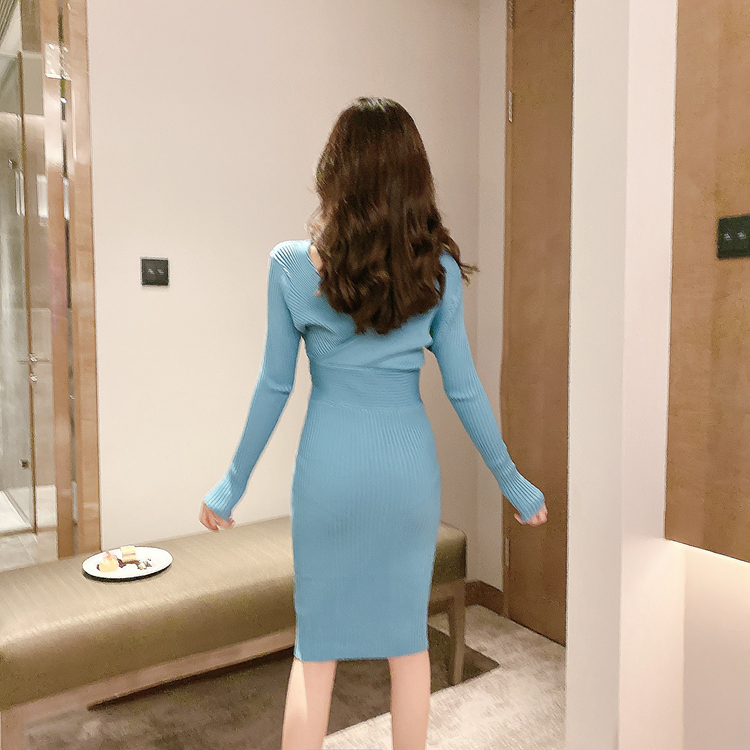 Long sleeve bottoming dress pinched waist knitted long dress