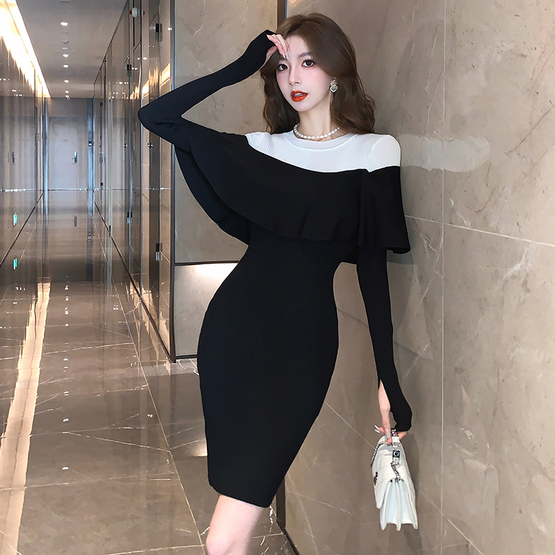 Mixed colors package hip knitted dress for women