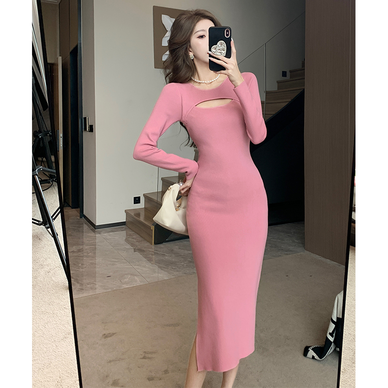 Pinched waist autumn and winter long tight dress