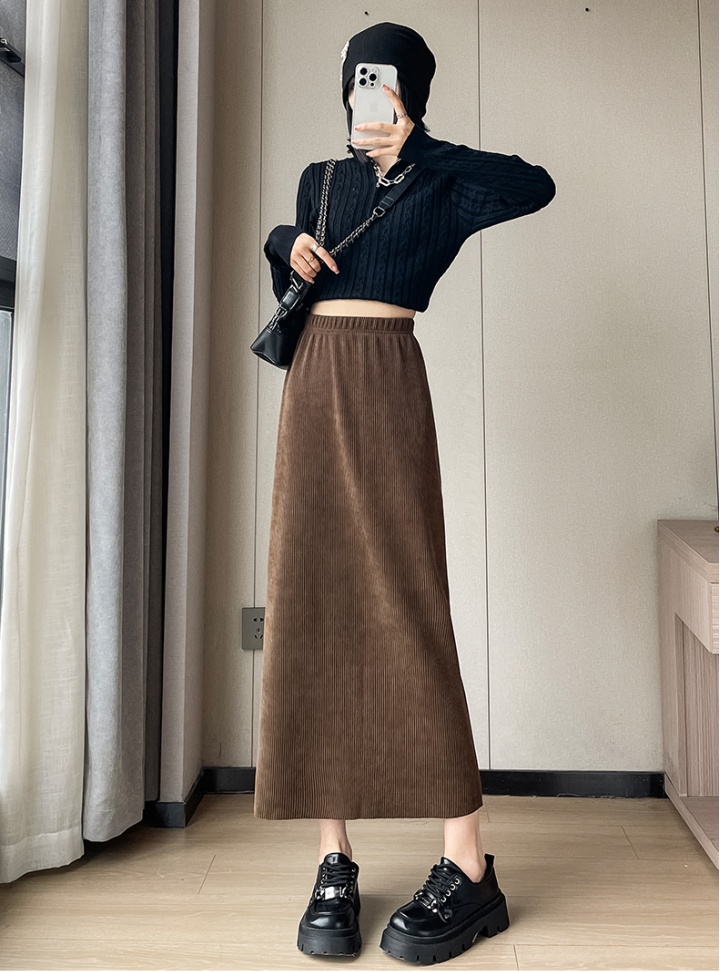 Corduroy slim peacock long skirt for women