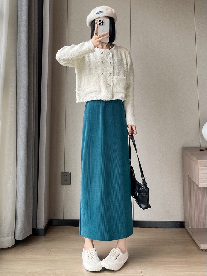 Corduroy slim peacock long skirt for women