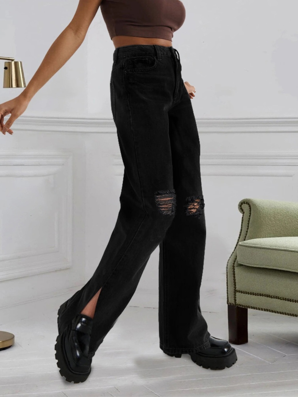 Split European style straight street holes jeans for women