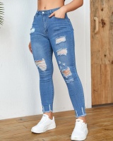 Worn high elastic slim jeans washed tassels long pants