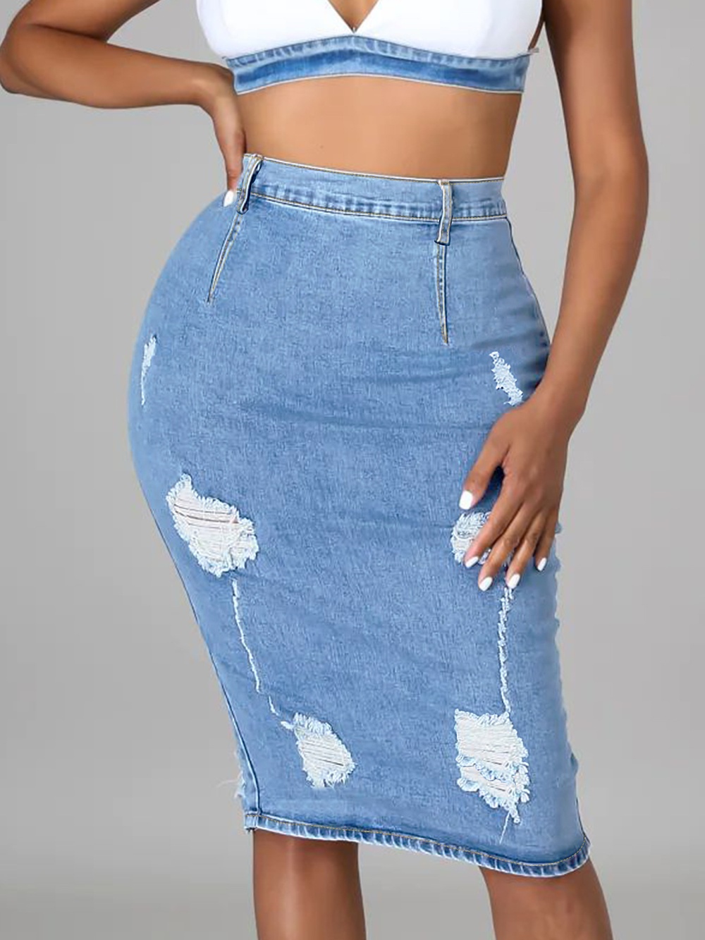 Street denim package hip holes short skirt for women