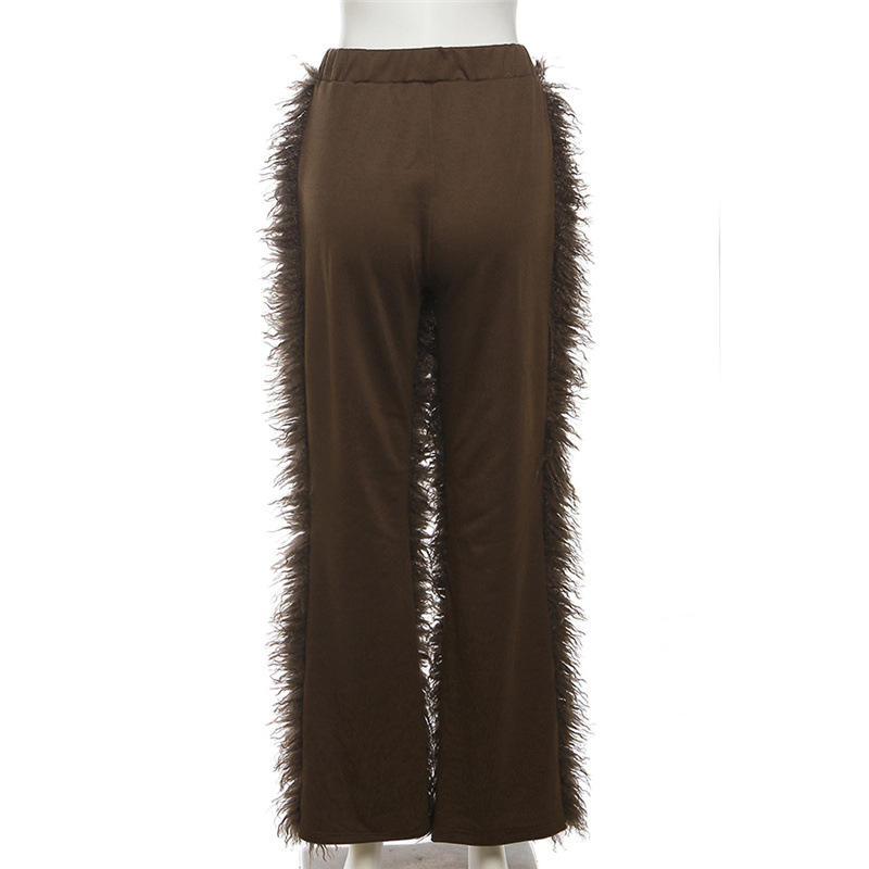 European style long high waist fur coat straight pure casual pants