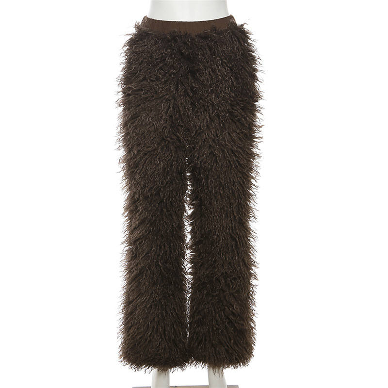 European style long high waist fur coat straight pure casual pants