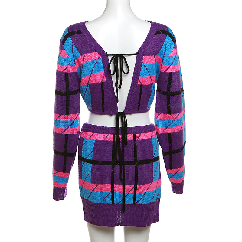 Autumn knitted short skirt long sleeve tops a set for women