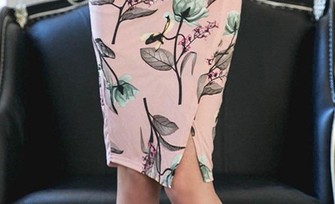 Slim split package hip long sleeve printing dress