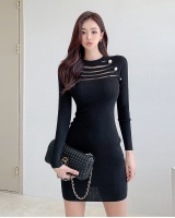Lace stripe hollow black all-match package hip slim dress