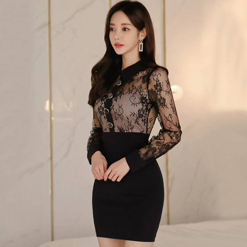 Elegant package hip lace Korean style slim long sleeve dress