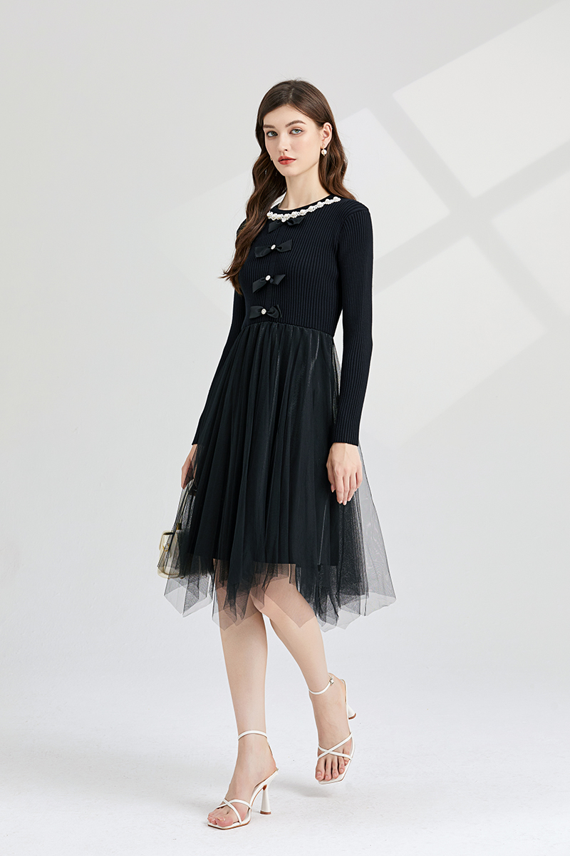 Thick knitted bow slim splice chanelstyle pearl gauze dress