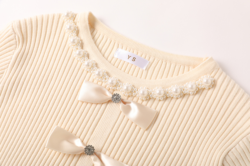 Thick knitted bow slim splice chanelstyle pearl gauze dress