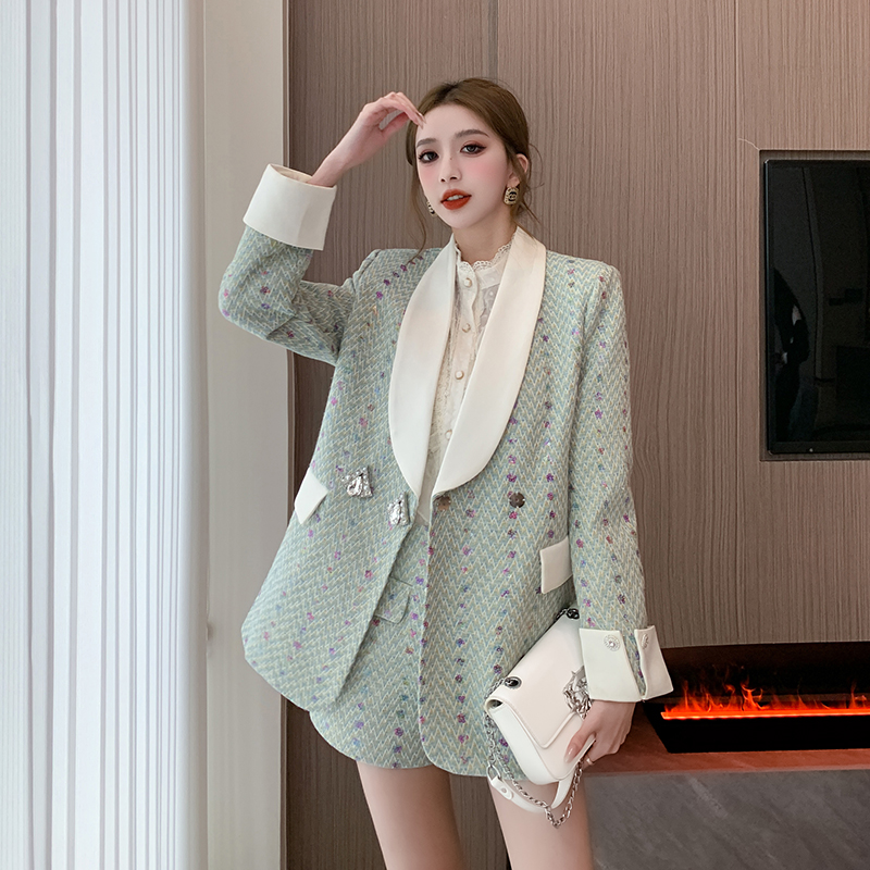 Light luxury chanelstyle business suit big green coat a set
