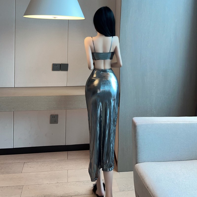 Silver long formal dress sling glossy dress for women
