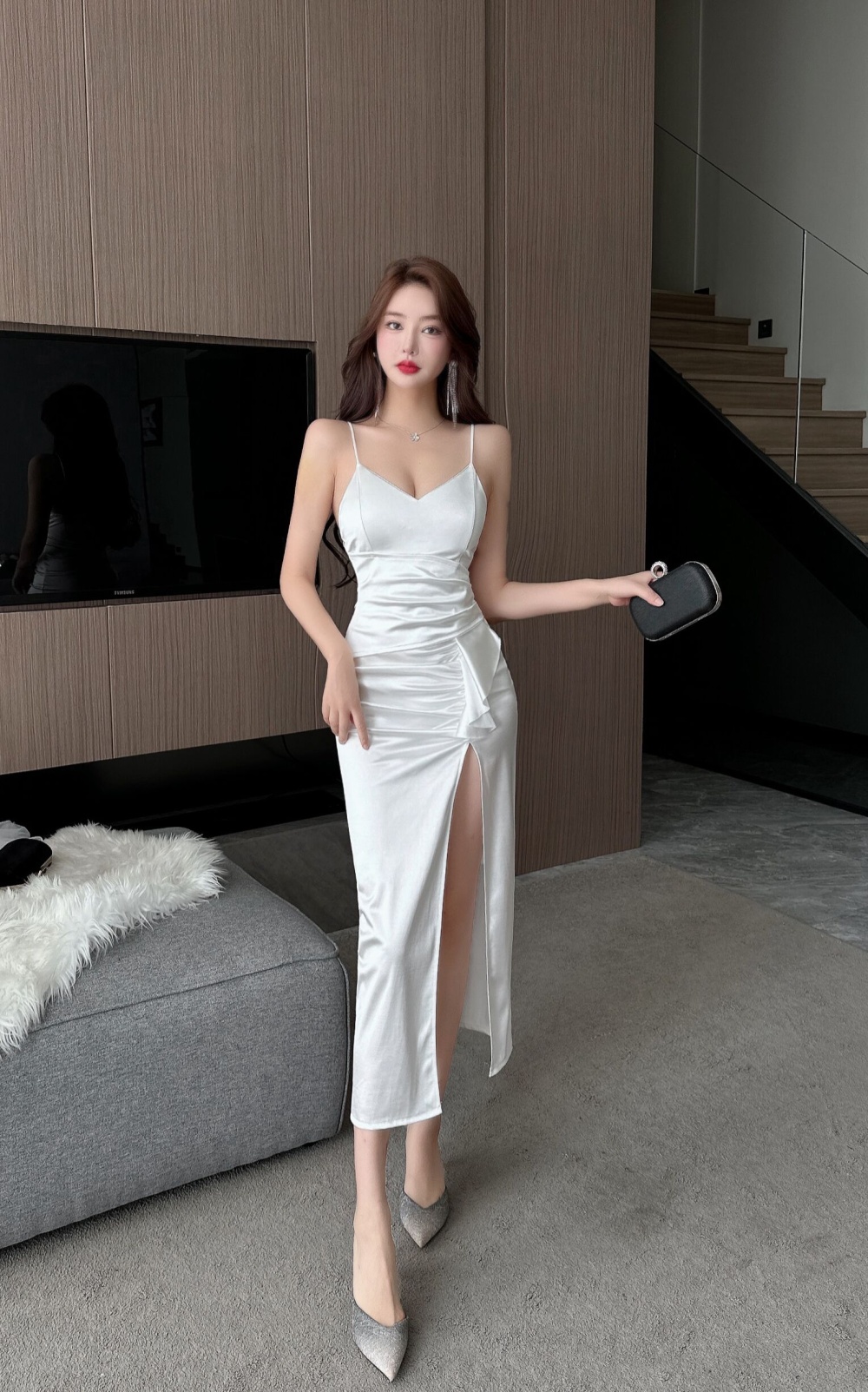 Sling bottoming high slit elasticity sexy long dress