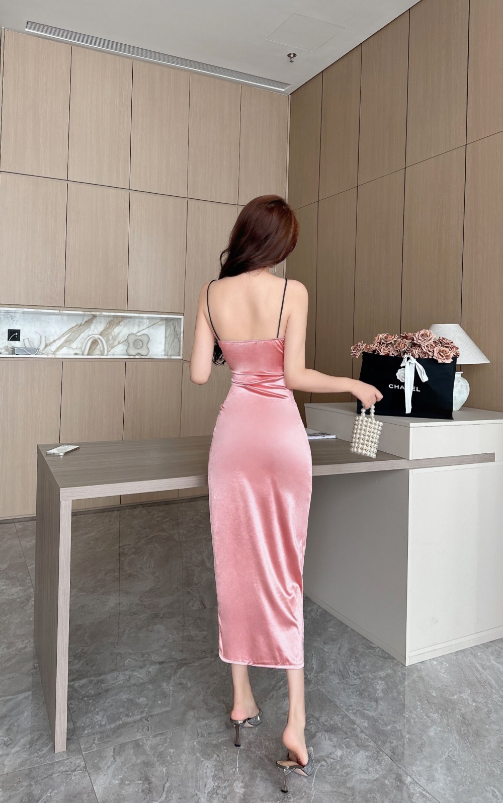 Sling bottoming high slit elasticity sexy long dress