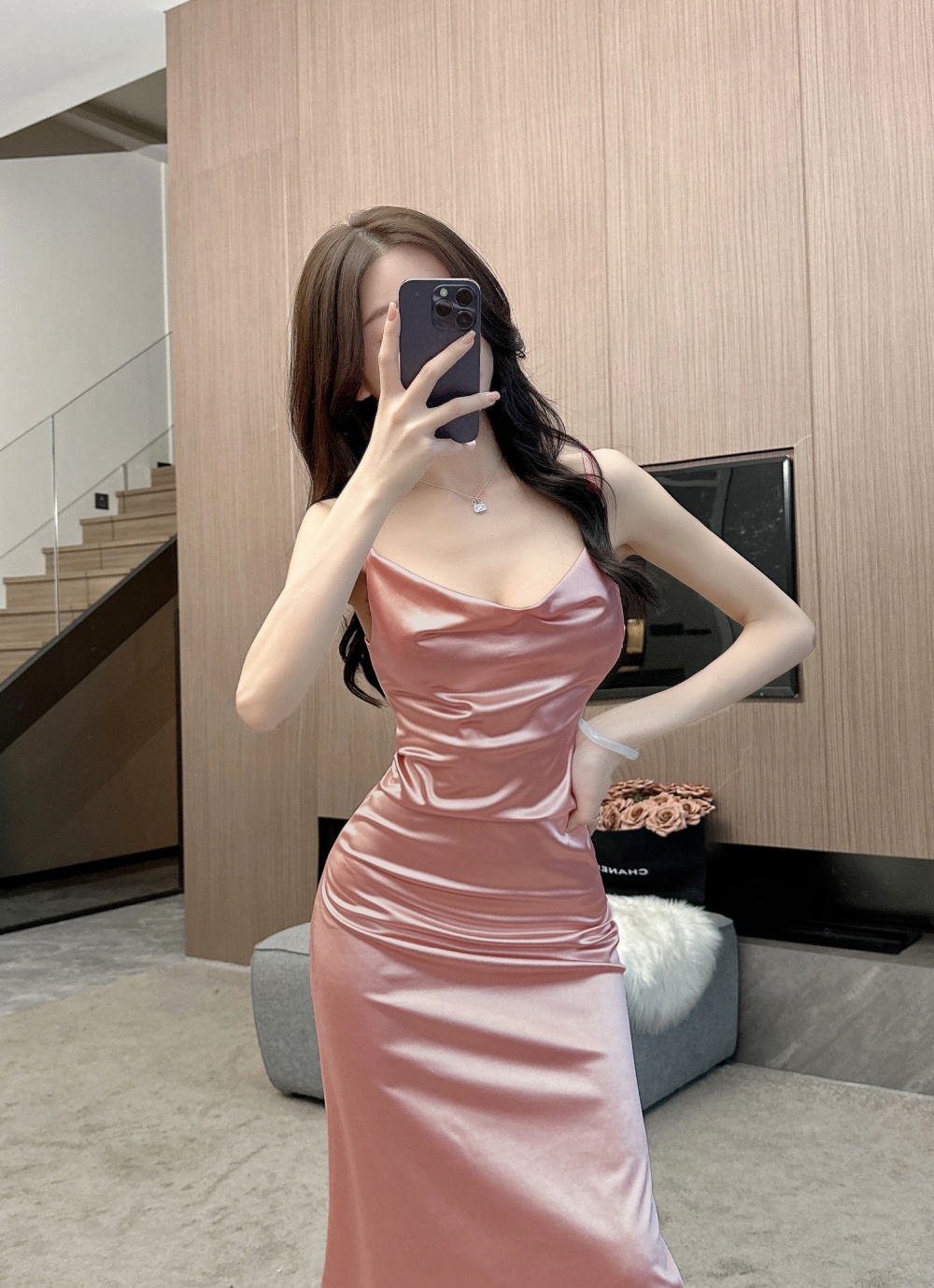 Slim sexy satin dress fold temperament long dress for women
