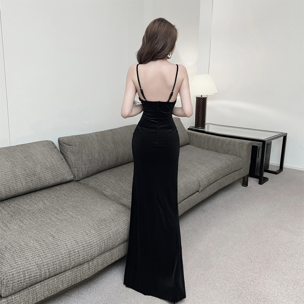 Velvet slim evening dress low-cut long dress