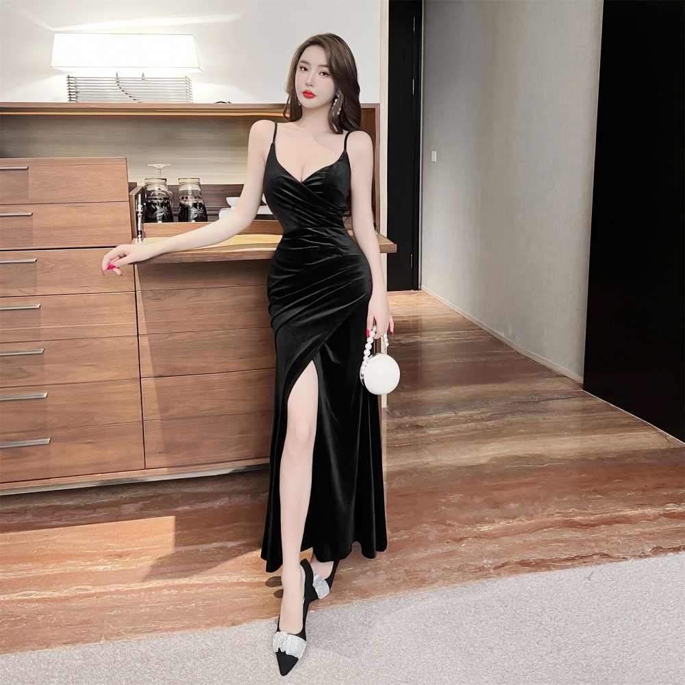 Slim temperament V-neck long dress velvet sling dress