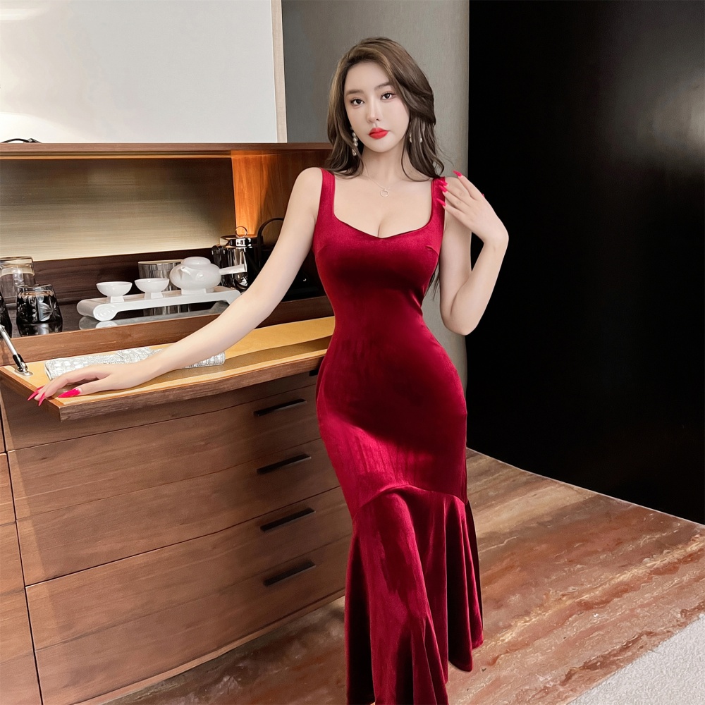 Sling temperament mermaid dress velvet wine-red formal dress