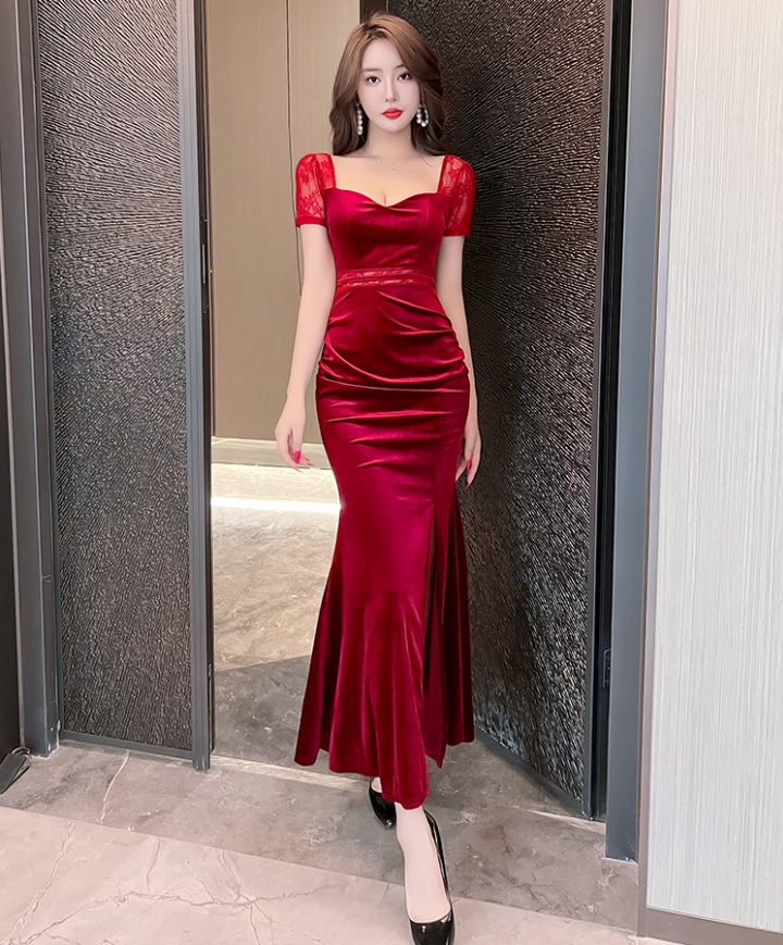 Velvet low-cut long dress sexy slim dress