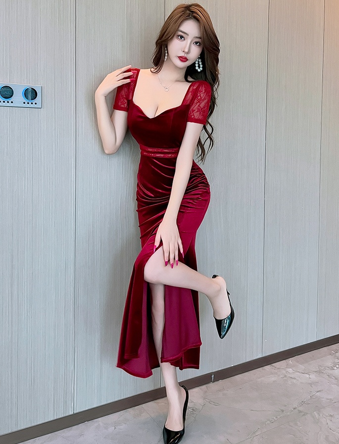 Velvet low-cut long dress sexy slim dress