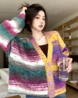 Imitation wool knitted cardigan mixed colors sweater