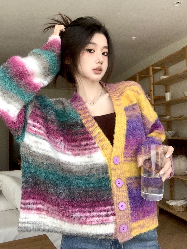 Imitation wool knitted cardigan mixed colors sweater