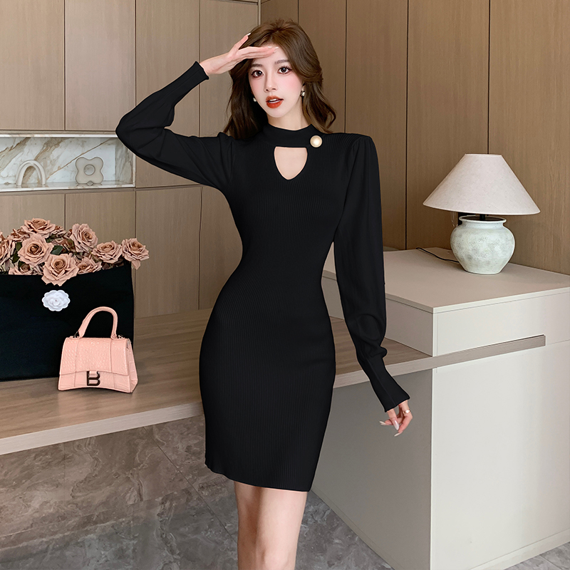 Puff sleeve black dress hollow sweater dress for women