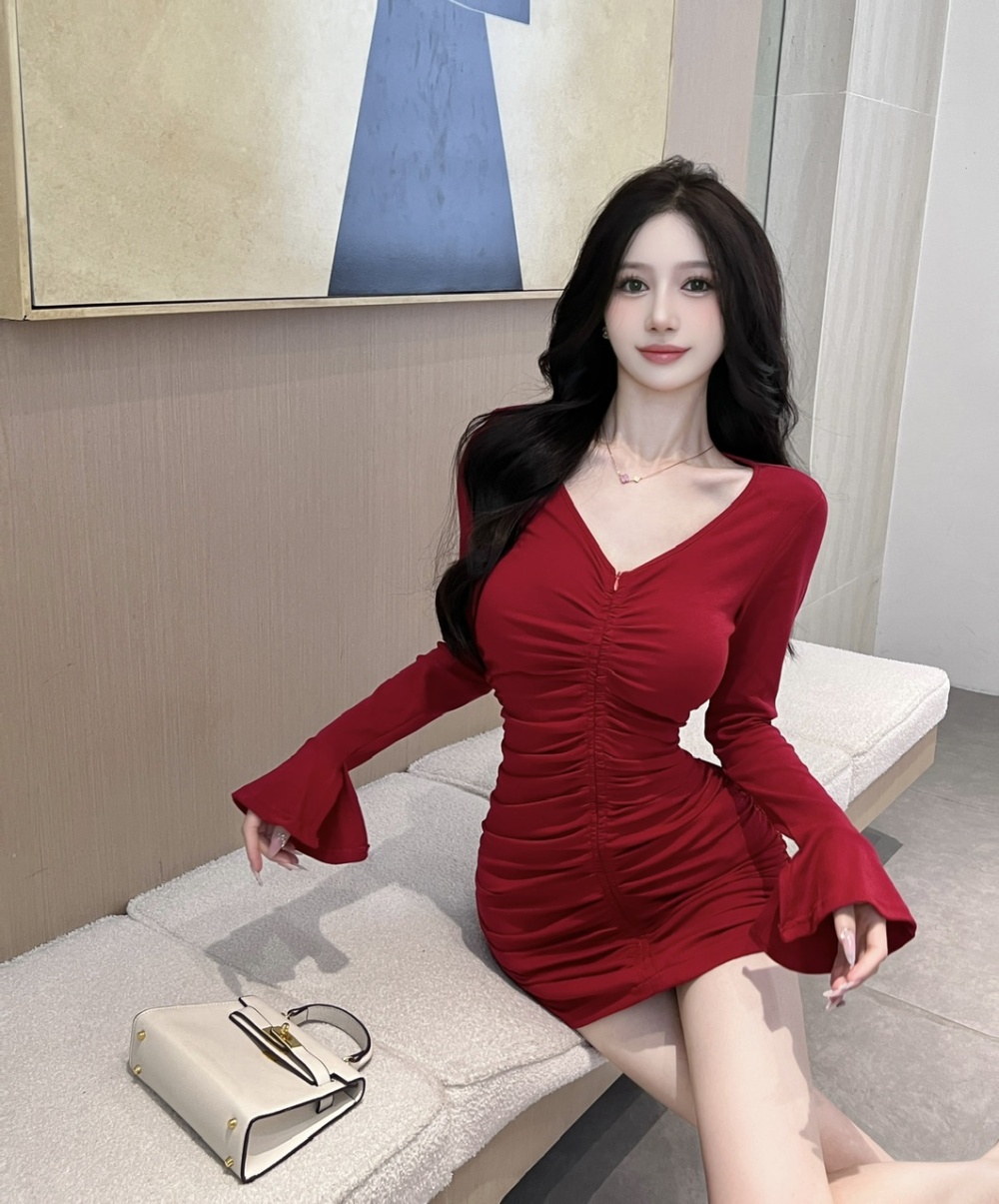 Sexy fashion trumpet sleeves low-cut package hip slim dress