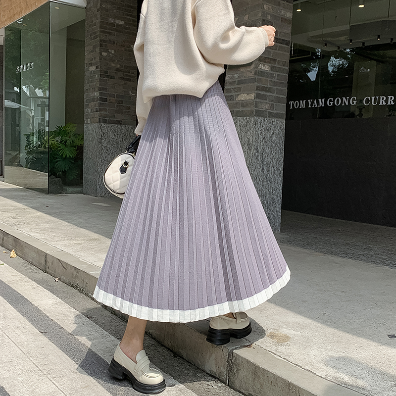 Fake knitted long dress pleated A-line skirt for women