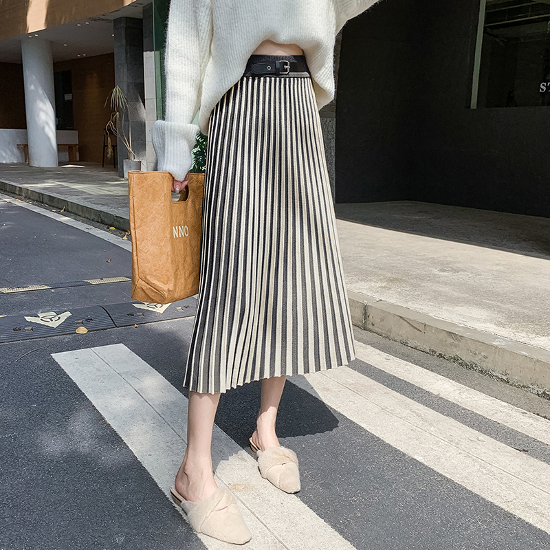 A-line knitted pleated skirt slim stripe long dress for women