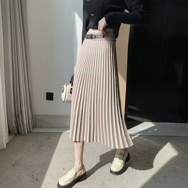 A-line knitted pleated skirt slim stripe long dress for women
